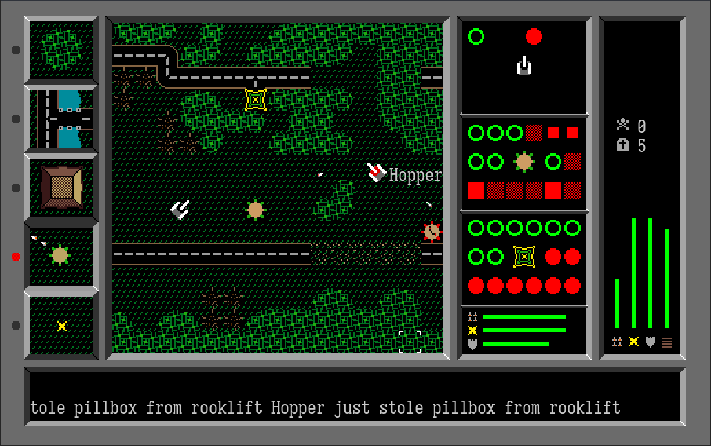 Bolo, in its Windows port: a tank in a forest map, pillboxes, a base, a status panel of shells, mines and armour, and a message line reporting that Hopper just stole a pillbox from rooklift.