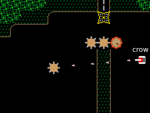 A tank firing a stream of shells westward at a pillbox, slowed down; one shell is drawn catching up with and passing the shell ahead of it, which cannot happen in the real game.
