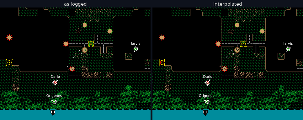 The same ten seconds of a pillbox fight drawn twice, side by side: on the left every shell sits at its last logged position and jumps when the next packet arrives, on the right the shells fly smoothly between packets.